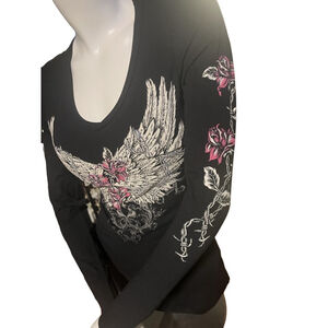 NWT Liberty women’s black long sleeve blouse embellished roses and wings